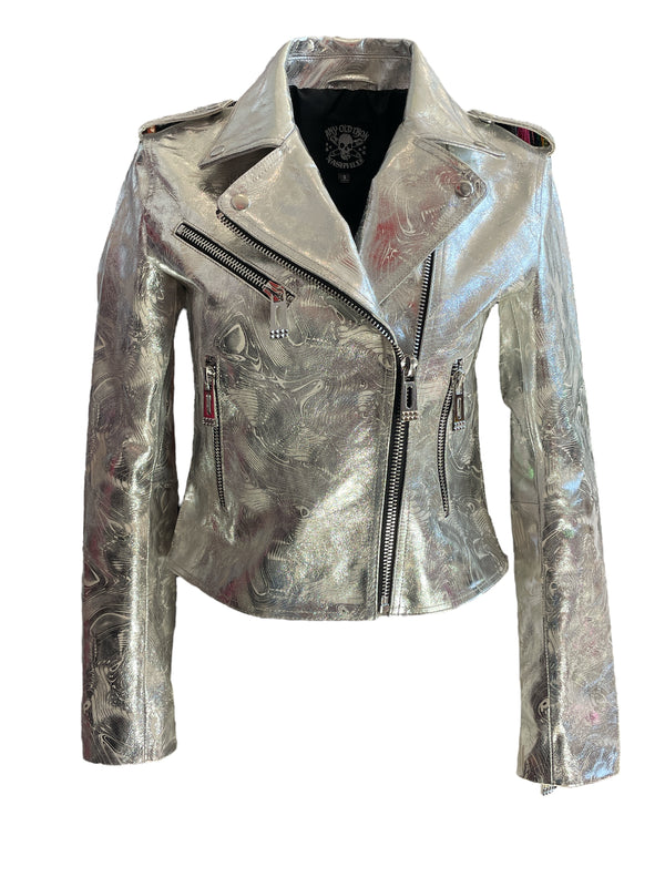 Any Old Iron Engraved Silver Moto Jacket