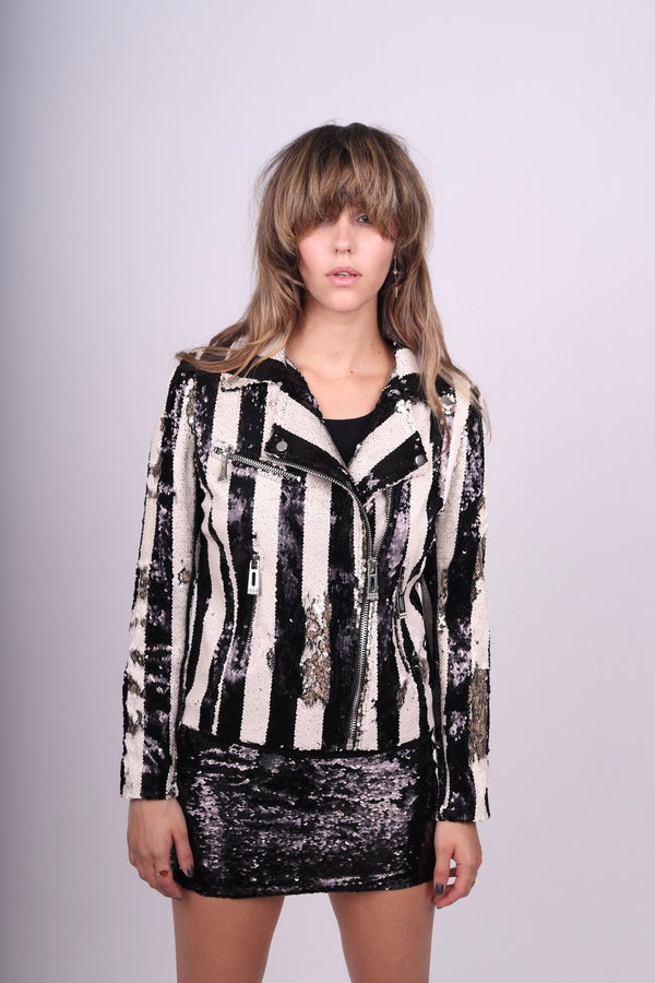 Any Old Iron Stripped Sequin Moto Jacket
