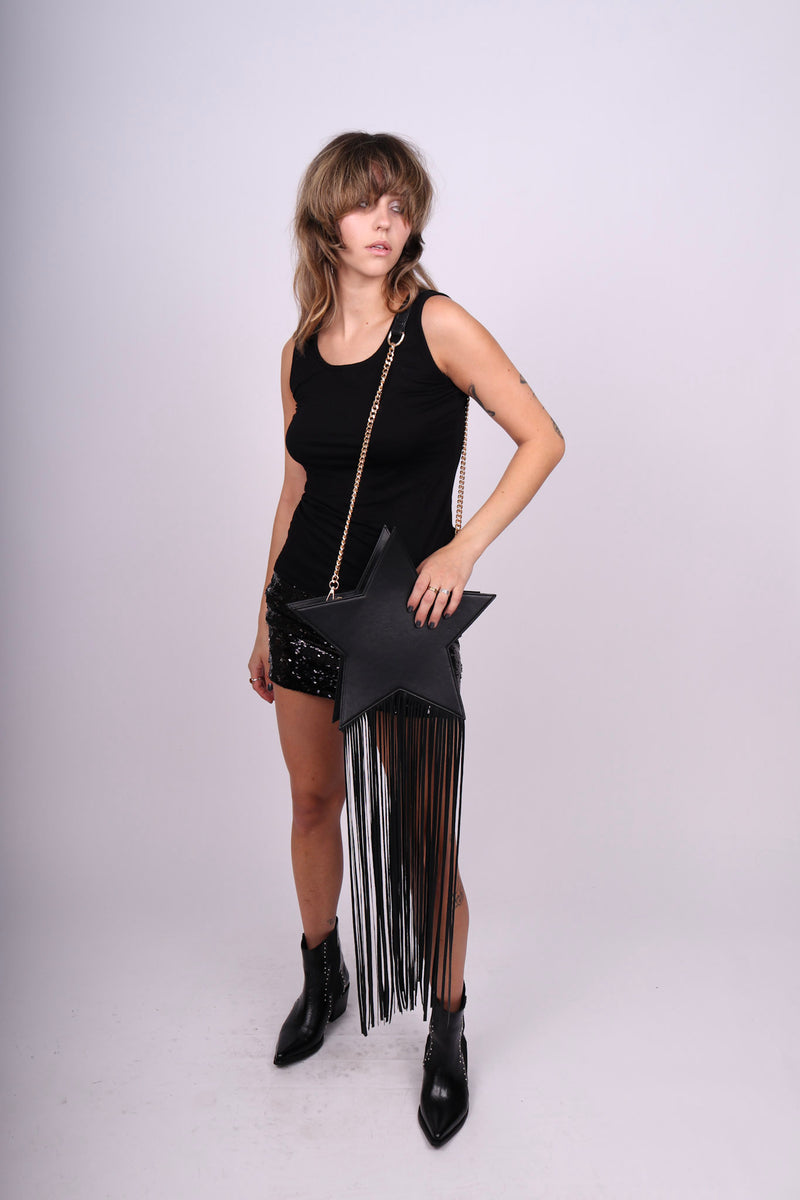Any Old Iron Black & Gold Star Fringe Bag