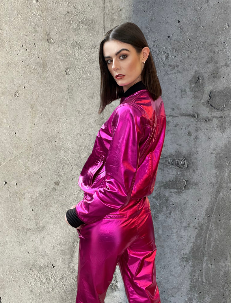 Any Old Iron Pink Metal Bomber Jacket