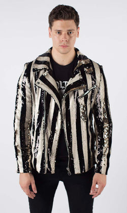 Any Old Iron Men's Stripped Sequin Moto Jacket