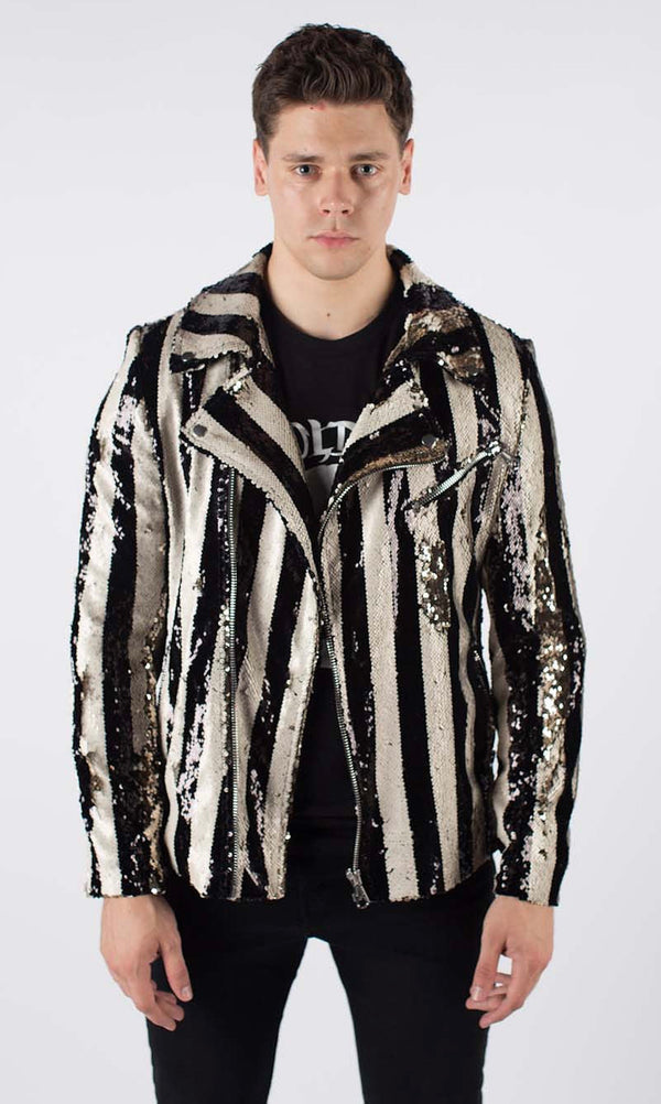 Any Old Iron Men's Stripped Sequin Moto Jacket