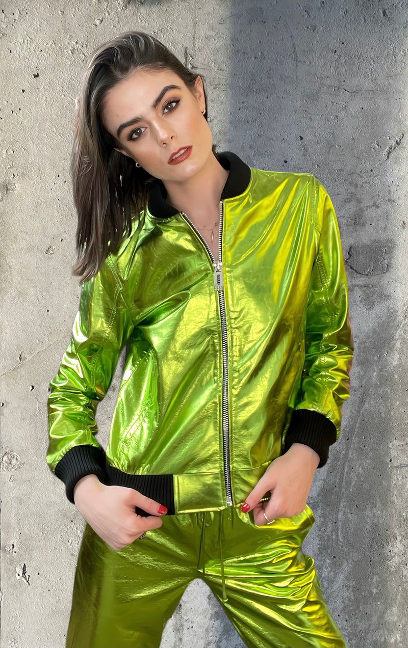 Any Old Iron Green Metal Bomber Jacket