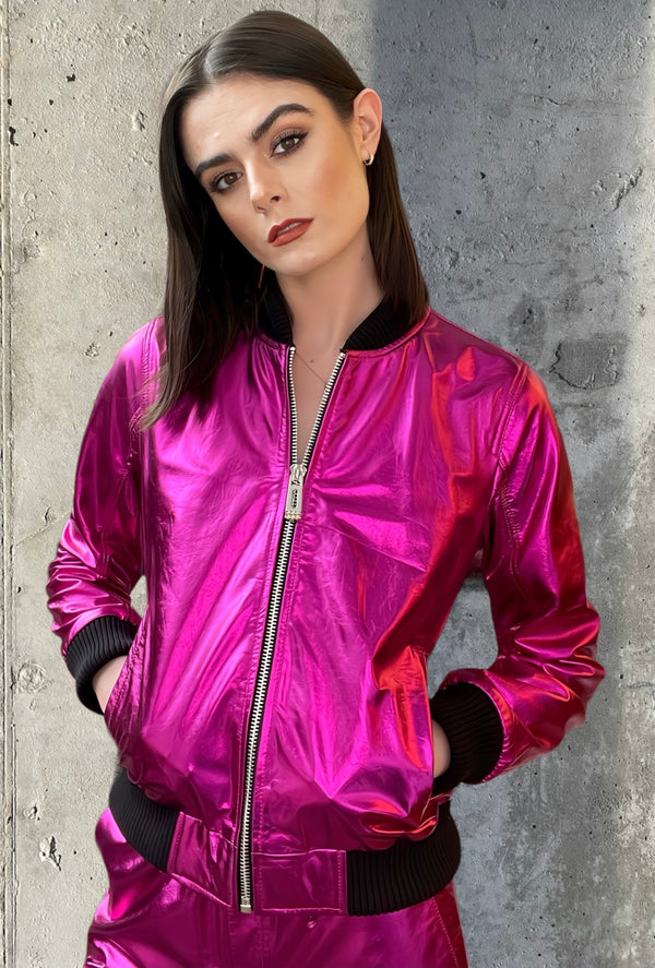 Any Old Iron Pink Metal Bomber Jacket
