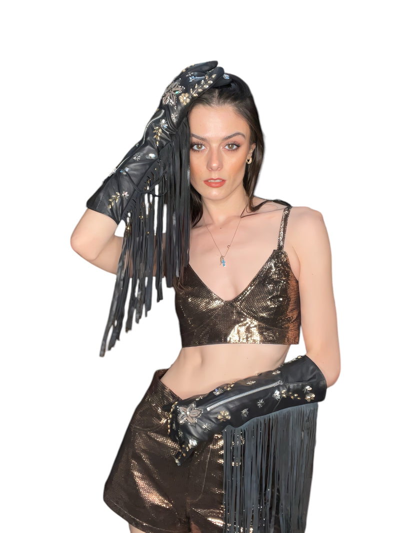 Any Old Iron Crystal Zip Fringe Gloves