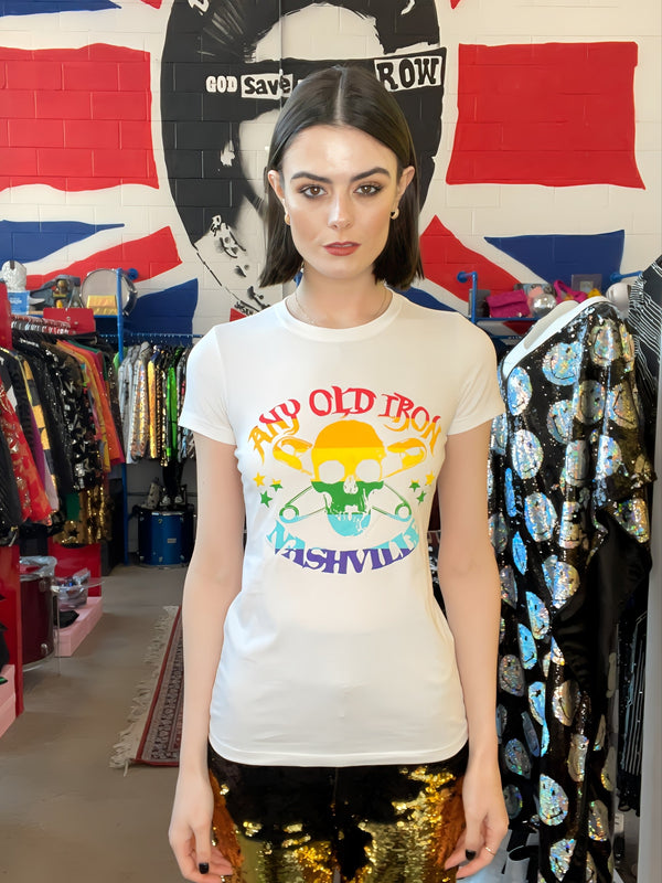 Any Old Iron White Rainbow Logo T-Shirt