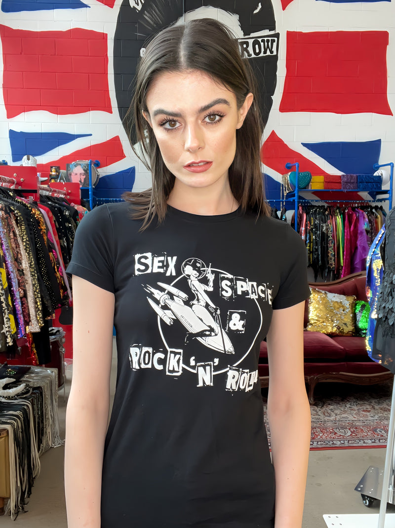 Cualquier viejo hierro sexo espacio y rock n' roll camiseta