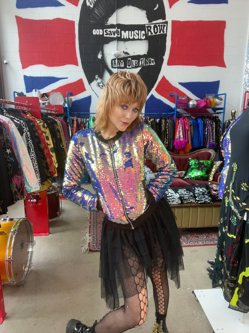 Any Old Iron Iridescent Oil Slick Bomber Jacket