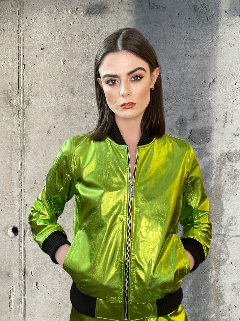 Any Old Iron Green Metal Bomber Jacket