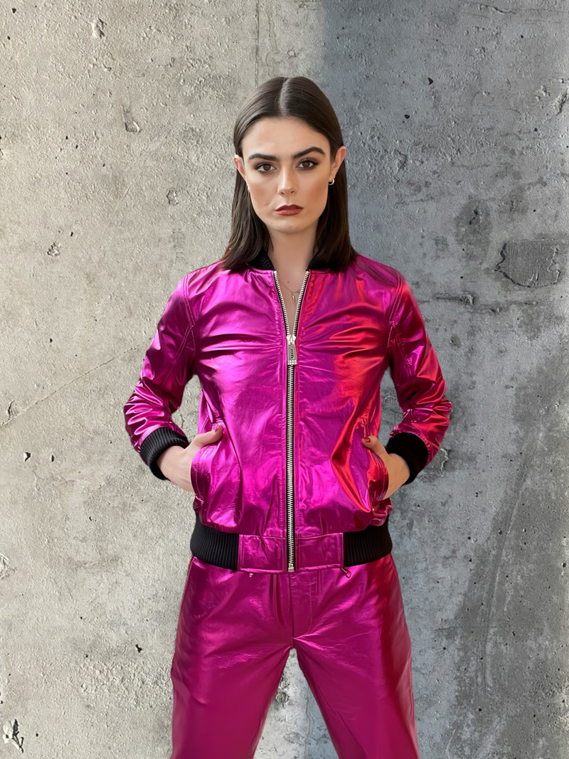 Any Old Iron Pink Metal Bomber Jacket