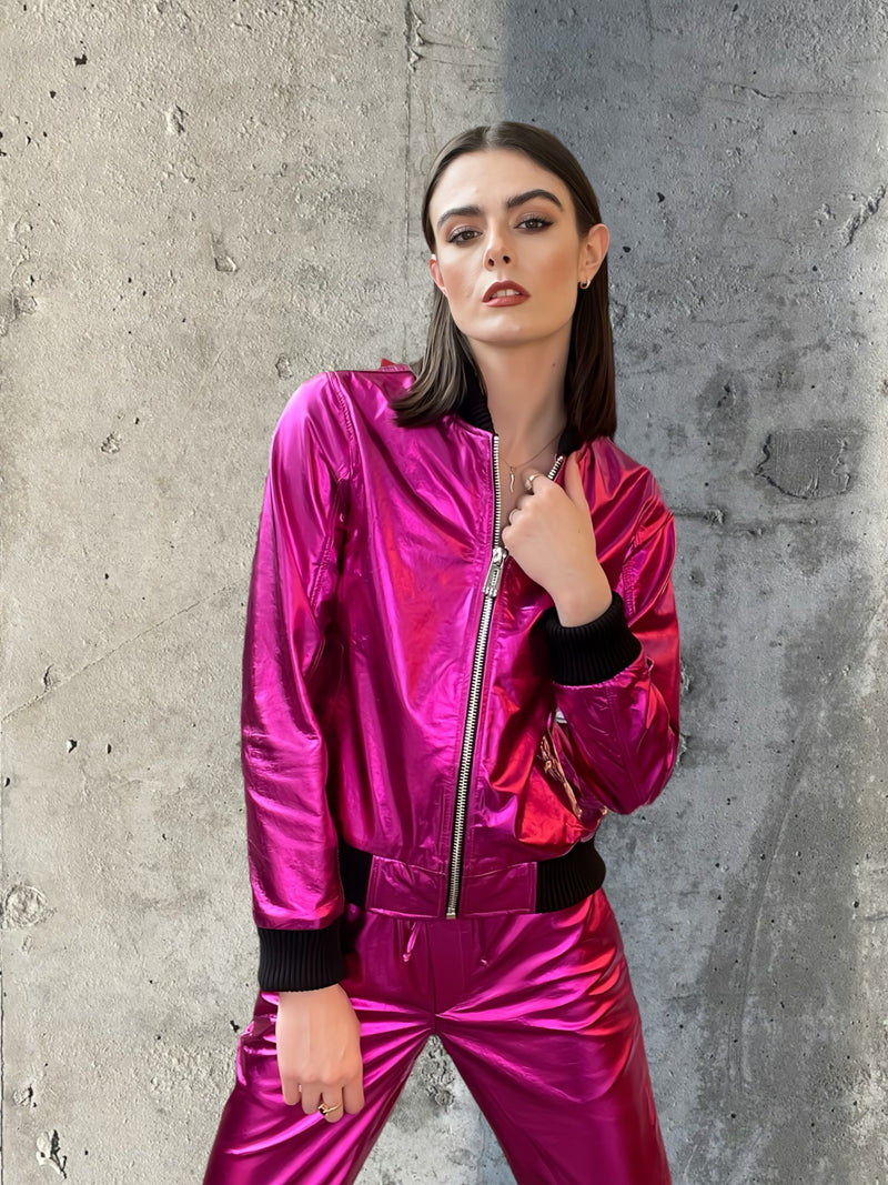 Any Old Iron Pink Metal Bomber Jacket