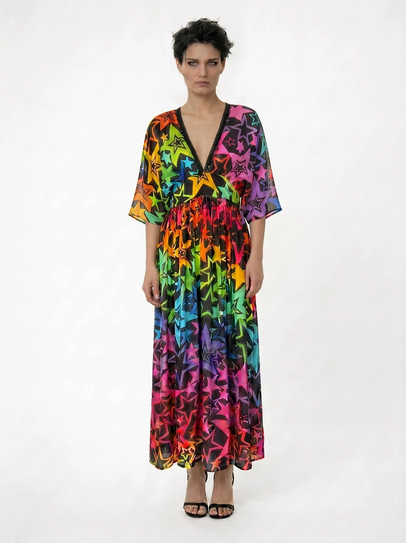 Any Old Iron New Rainbow Star Black Sequin Kaftan Dress