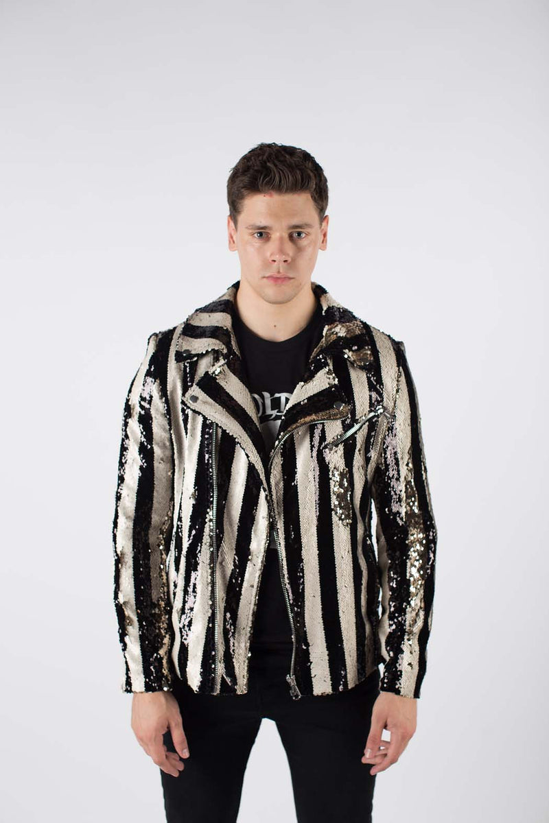 Any Old Iron Men's Stripped Sequin Moto Jacket