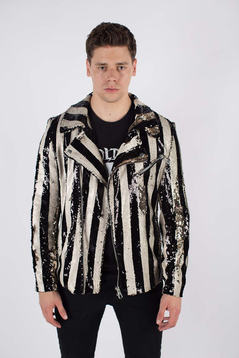 Any Old Iron Men's Stripped Sequin Moto Jacket