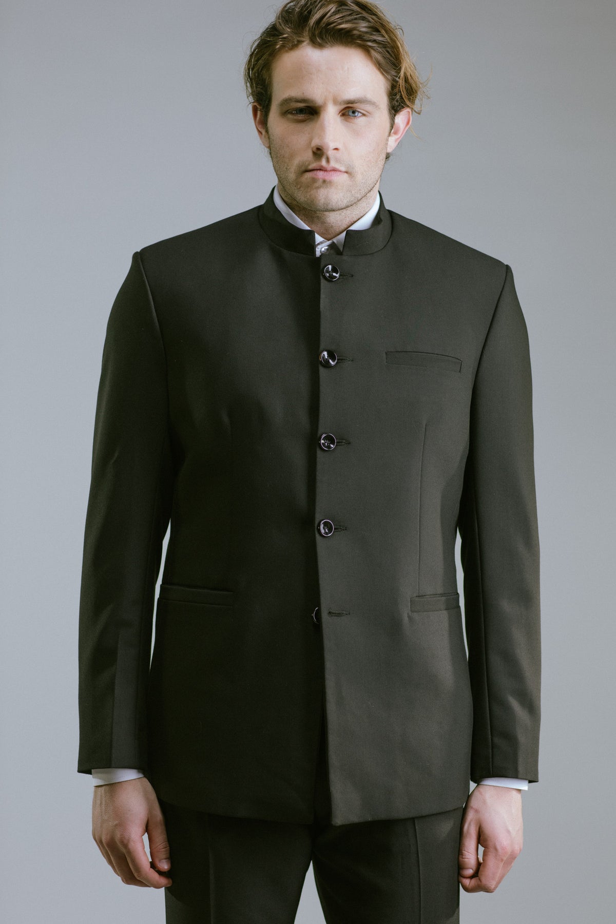 mandarin collar dress shirt with suit Black Floral Mandarin Collar Suit